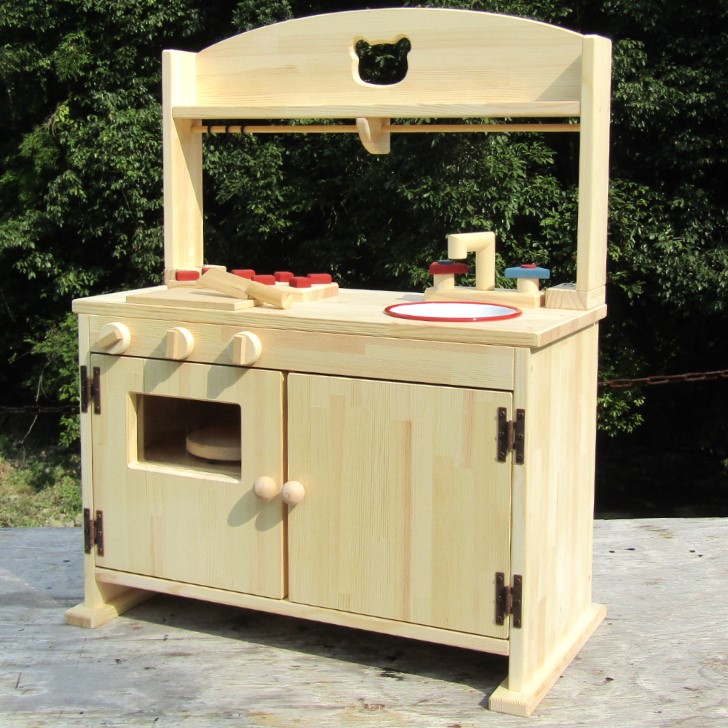 099H2128 手作り木製「棚付き」ままごとキッチン 大型レンジ付き すかし入り DHK-R2