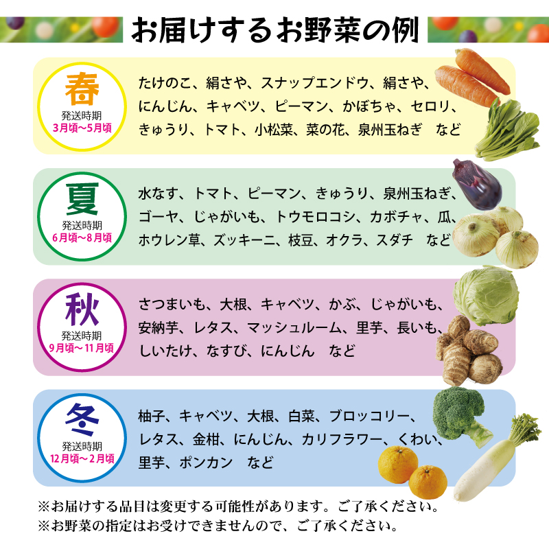 099Z112 泉州野菜 定期便 全4回 7種類以上 詰め合わせ 国産 新鮮 冷蔵【毎月配送コース】