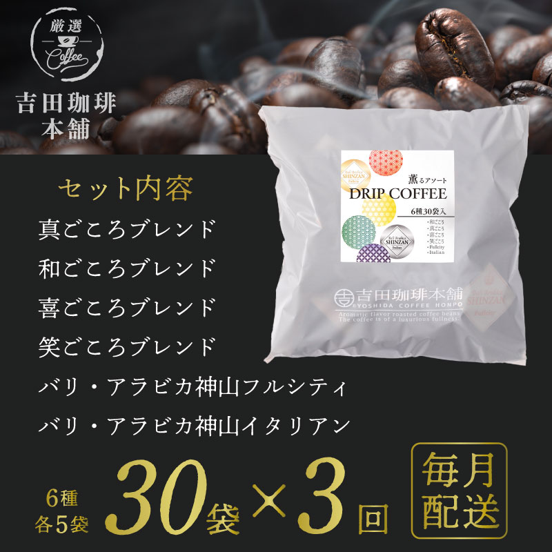 099Z144 ドリップコーヒー 6種30袋 定期便 全3回【毎月配送コース】