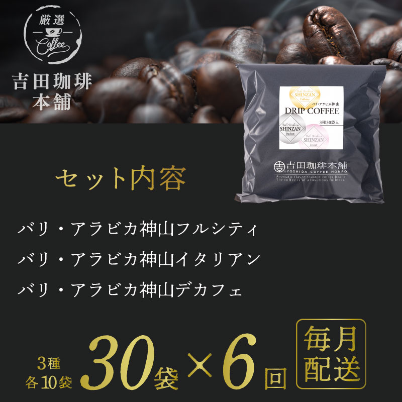 099Z147 ドリップコーヒー バリ アラビカ神山 3種30袋 定期便 全6回【毎月配送コース】