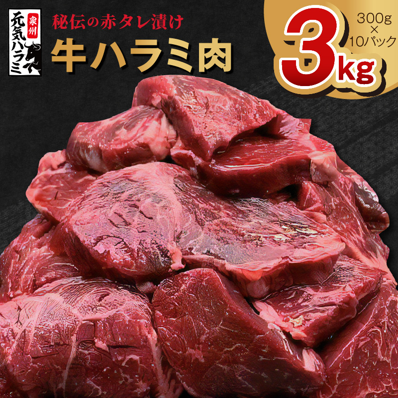 099H2275 牛ハラミ肉 3kg（300g×10）秘伝の赤タレ漬け 訳あり サイズ不揃い
