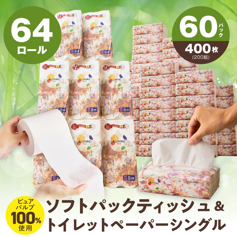 【定期便】ソフトパックティッシュ400枚×60パック & トイレットペーパー シングル 85M巻×64ロールセット