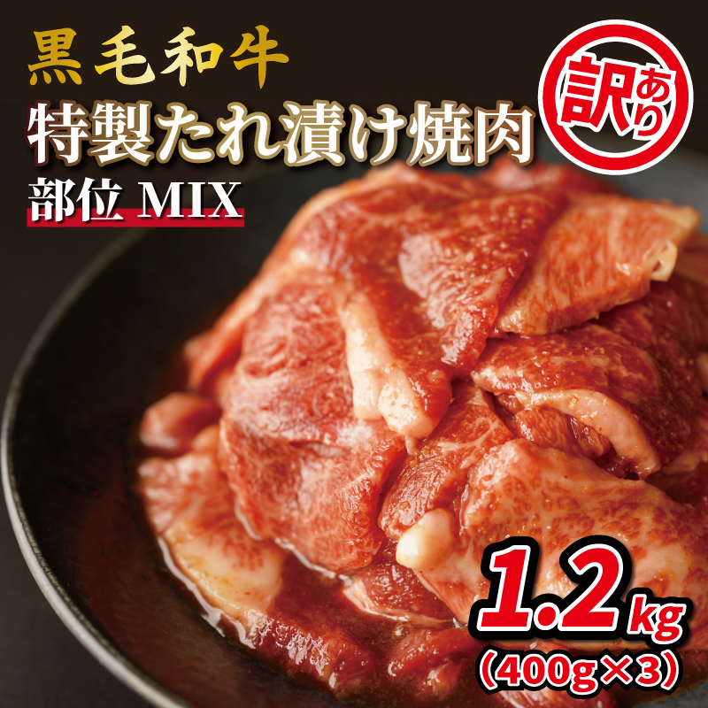 099H1077 黒毛和牛 特製たれ漬け焼肉 部位MIX 1.2kg（400g×3）小分け サイズ不揃い 訳あり 氷温(R)熟成肉
